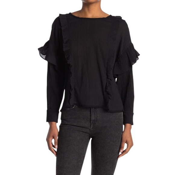ALLSAINTS Isa Ruffled Long Sleeve Top Blouse in Black Size S - Picture 1 of 7